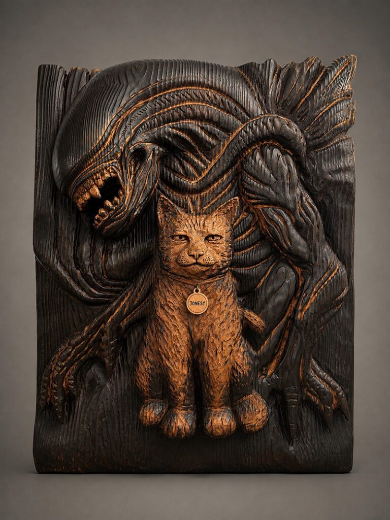 Wooden wall art featuring alien and jonesy the cat with carved and burned details