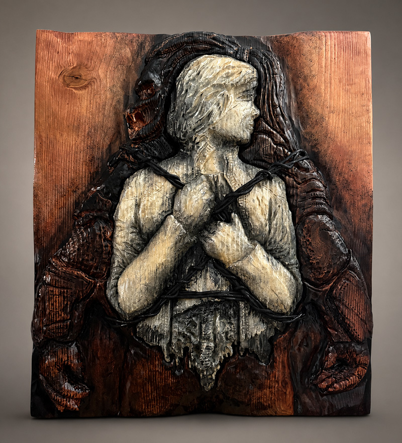 Wooden wall art featuring predator with carved and burned details